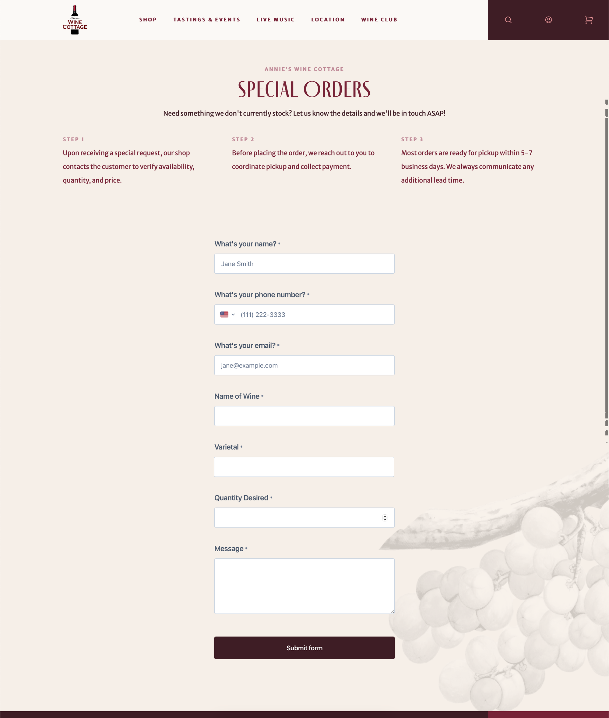 A screenshot of the "Special Orders" form on the Annie's Wine Cottage website that displays when a site search query returns no results.