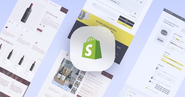 The Shopify logo superimposed over screenshots of digital stores using Shopify for retail.